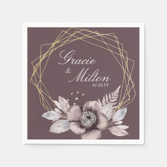 Elegant Monogram Blommigt Mauve Bröllop Pappersservett (Framsidan)