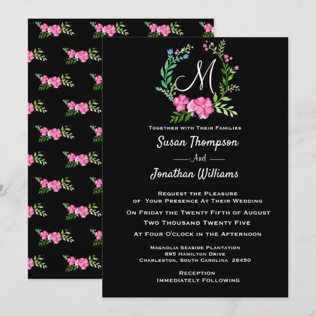 Elegant Monogram Blommigt på Svarta Bröllop Inbjudningar (Fram/baksida)