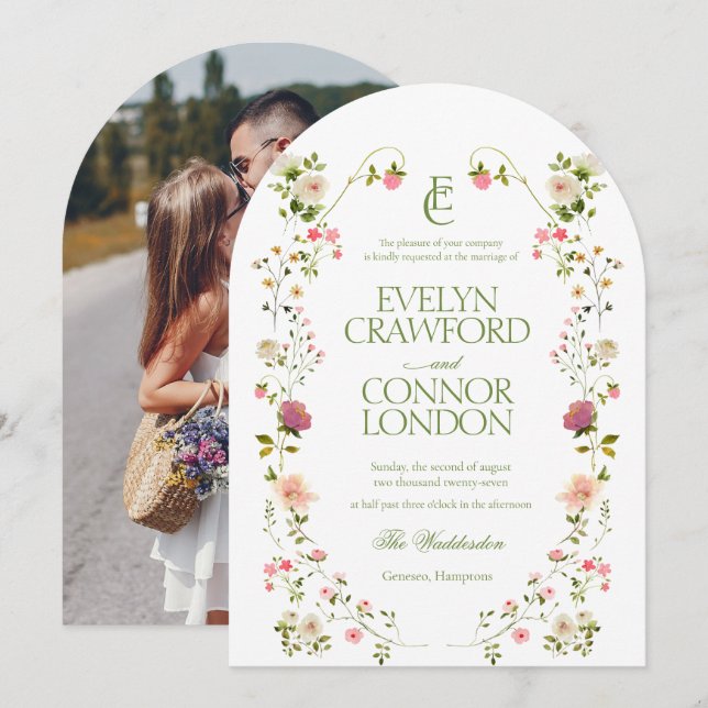 Elegant Monogram Blommigt Photo Arch Bröllop Inbjudningar (Fram/baksida)
