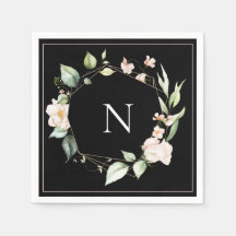 Elegant Monogram Blommigt Rosa Black Bröllop Napki