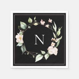 Elegant Monogram Blommigt Rosa Black Bröllop Napki Pappersservett