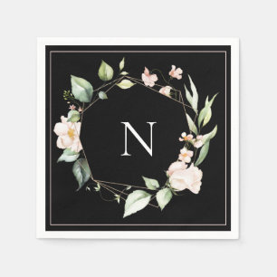 Elegant Monogram Blommigt Rosa Black Bröllop Napki Pappersservett