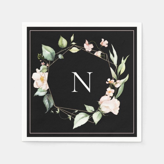Elegant Monogram Blommigt Rosa Black Bröllop Napki Pappersservett (Framsidan)