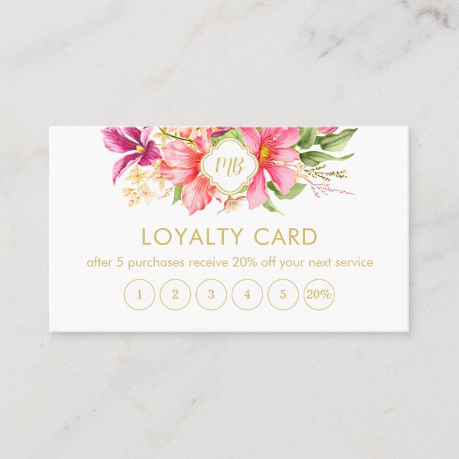 Elegant Monogram Blommigt Rosa Pastel Lojalitetskort (Framsida)