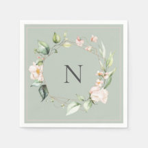 Elegant Monogram Blommigt Rosa Sage Bröllop Napkin
