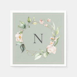 Elegant Monogram Blommigt Rosa Sage Bröllop Napkin Pappersservett