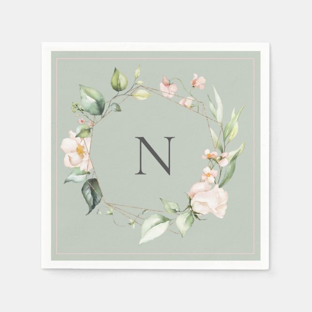 Elegant Monogram Blommigt Rosa Sage Bröllop Napkin Pappersservett (Framsidan)