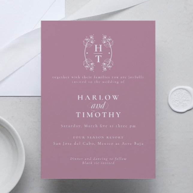 Elegant Monogram Blommigt Vapensköld damm från dam Inbjudningar (Elegant Monogram Floral Crest dusty mauve Wedding Invitation)