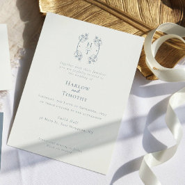 Elegant Monogram Blommigt Vapensköld Dusty Blue Br Inbjudningar