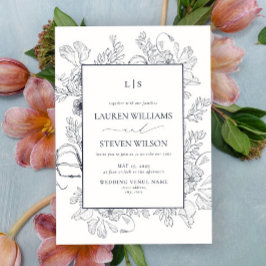 Elegant Monogram Blue Blommigt Line Art Bröllop Inbjudningar