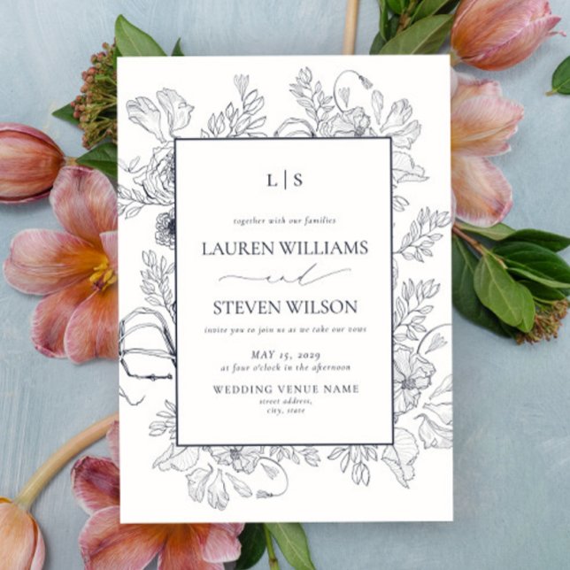 Elegant Monogram Blue Blommigt Line Art Bröllop Inbjudningar (Skapare uppladdad)