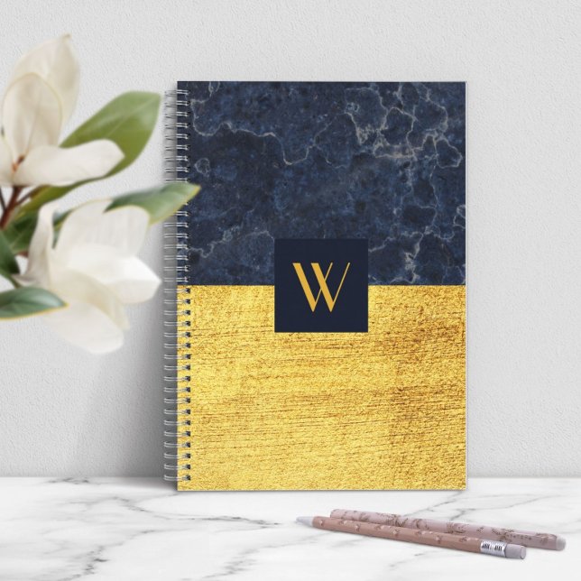 Elegant Monogram Blue Guld Marble Anteckningsbok (Elegant Monogram Blue Gold Marble Notebook)