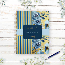 Elegant Monogram Blue Guld Watercolor Blommigt Yea
