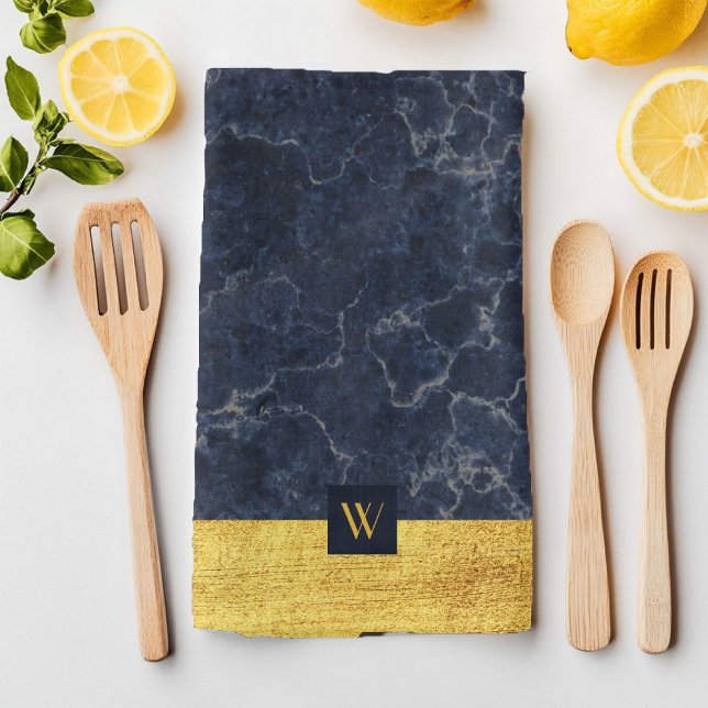 Elegant Monogram Blue Marble Kökshandduk (Elegant Monogram Blue Marble Kitchen Towel)