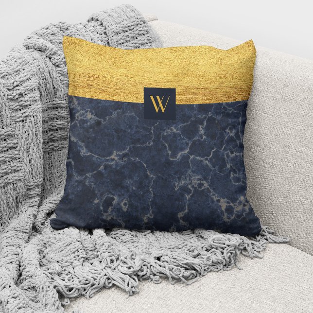 Elegant Monogram Blue Marble Kudde (Skapare uppladdad)