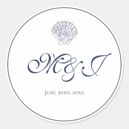 Elegant Monogram Blue Snäcka Bröllop Runt Klistermärke