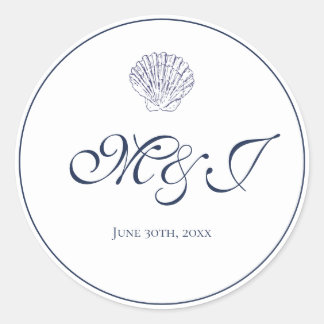 Elegant Monogram Blue Snäcka Bröllop Runt Klistermärke