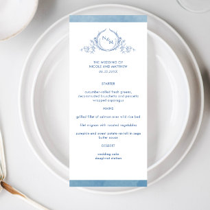 Elegant Monogram Blue Watercolor, Bröllop Meny