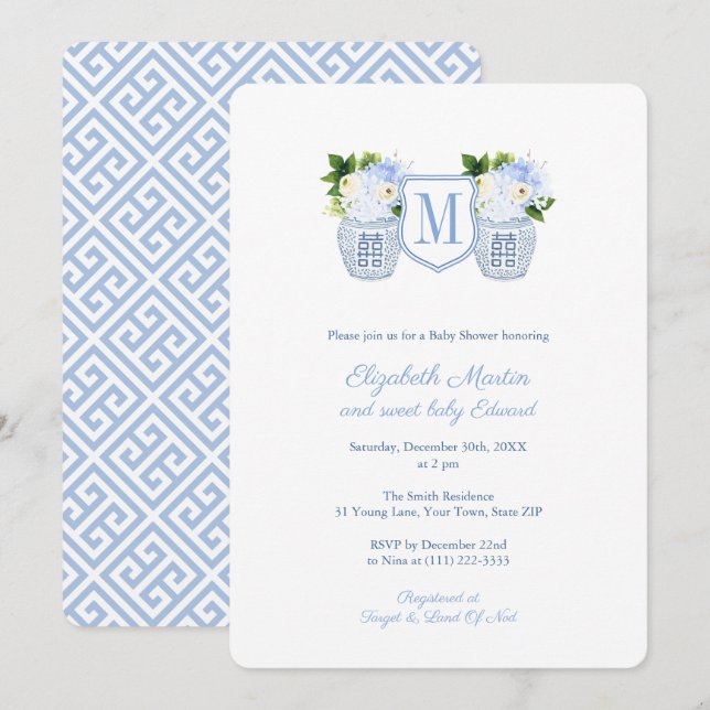 Elegant Monogram Blue White Boy Baby Shower Party Inbjudningar (Fram/baksida)