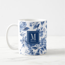 Elegant Monogram Blue White Floral Rose Kaffemugg