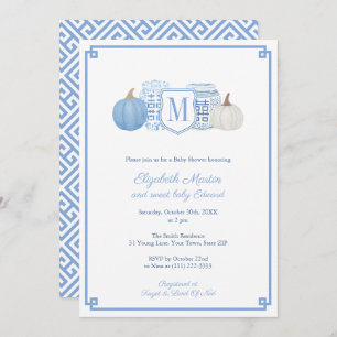 Elegant Monogram Blue & White Pumpkins Baby Shower Inbjudningar