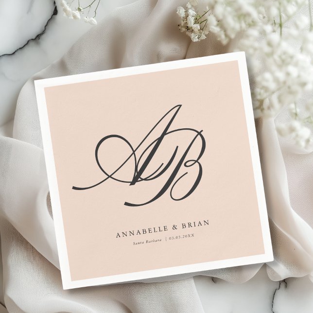 Elegant Monogram Blush-Peach Bröllop  Pappersservett (Elegant Monogram Blush-Peach Wedding Napkins)