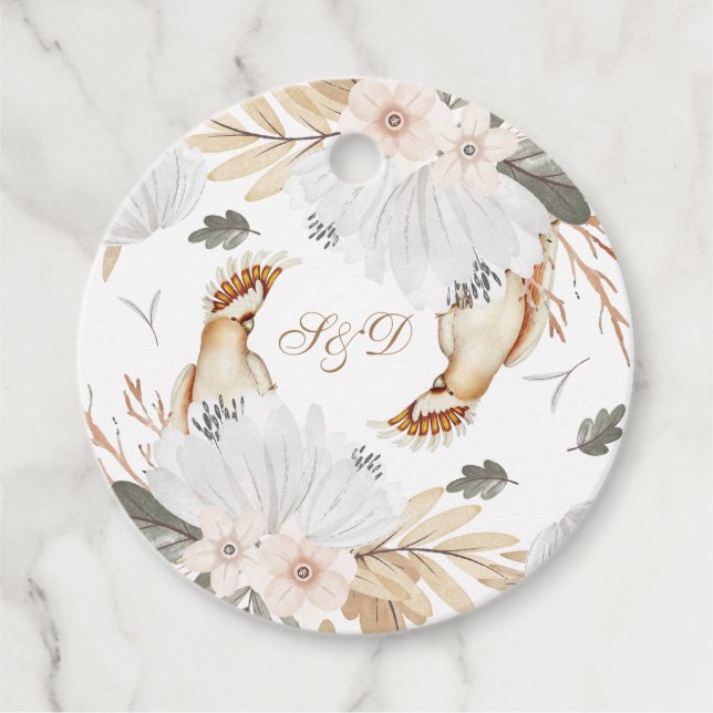 Elegant monogram boho akvarellblommor & fåglar gåvor etiketter (Framsida)