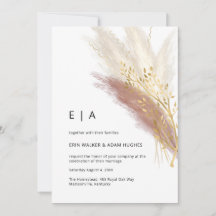 Elegant Monogram Boho Rosa Guld Pampas Grass Invit