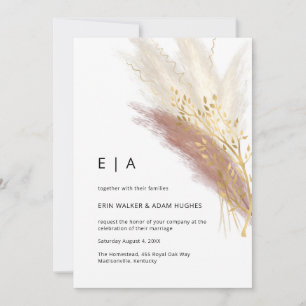 Elegant Monogram Boho Rosa Guld Pampas Grass Invit Inbjudningar