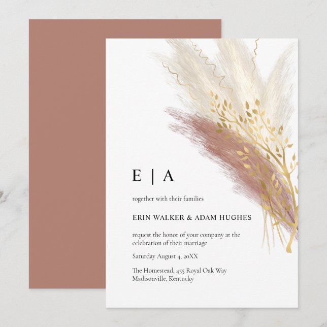 Elegant Monogram Boho Rosa Guld Pampas Grass Invit Inbjudningar (Fram/baksida)