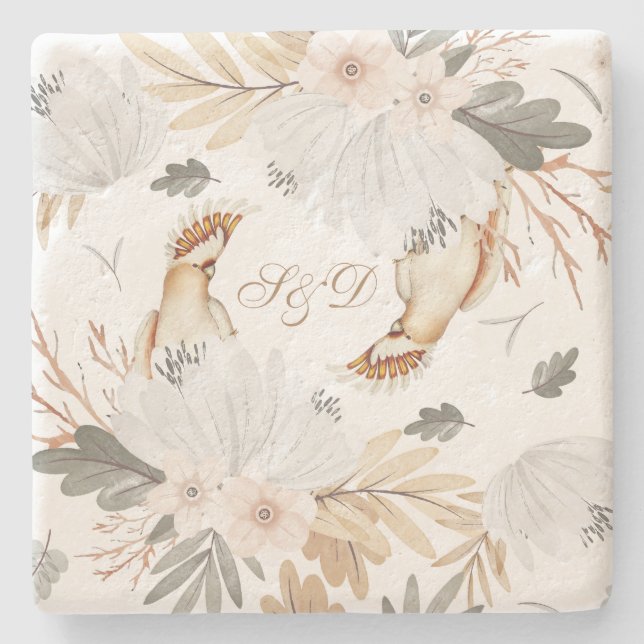 Elegant Monogram Boho Watercolor blommor & Birds Stenunderlägg (Framsidan)