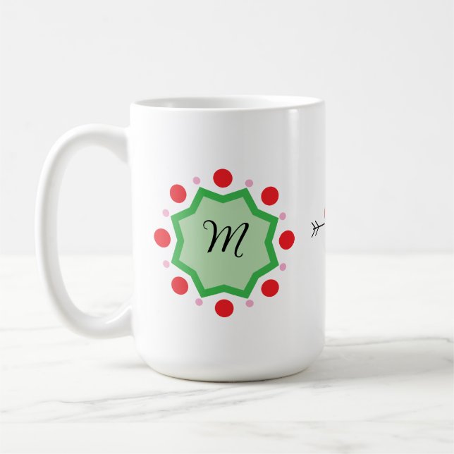 Elegant monogram-bokstav M – Grönt emblem med rött Kaffemugg (Vänster)