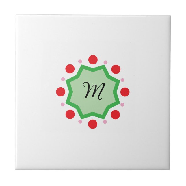 Elegant monogram-bokstav M – Grönt emblem med rött Kakelplatta (Framsidan)