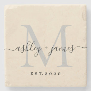 Elegant monogram bokstavsnamn bröllopsdatum elfenb stenunderlägg