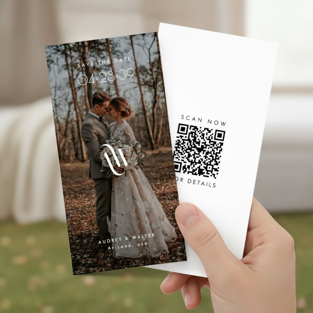 Elegant Monogram Bookmark QR-code Rustic Photo Spara Datumet (Skapare uppladdad)