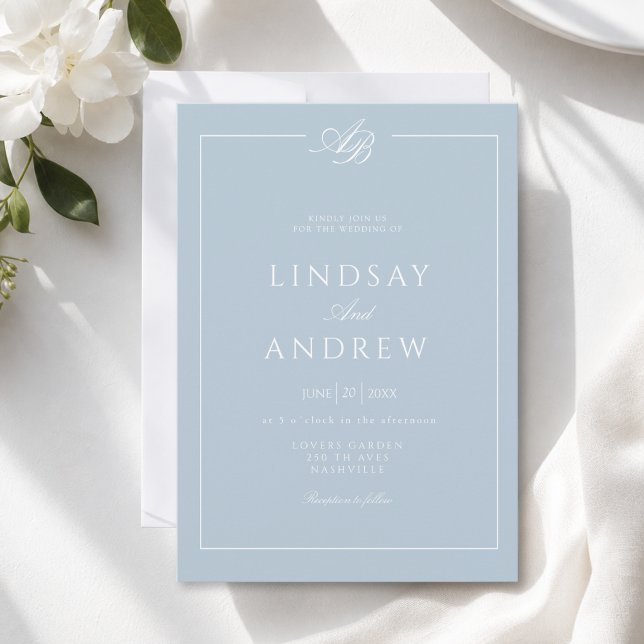 Elegant Monogram Border Blue White  Wedding Inbjudningar (Elegant Monogram Border Blue White Wedding Invitation)