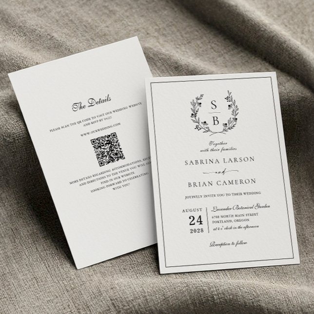 Elegant Monogram Botanisk Krans QR-kod Bröllop Inbjudningar (Skapare uppladdad)