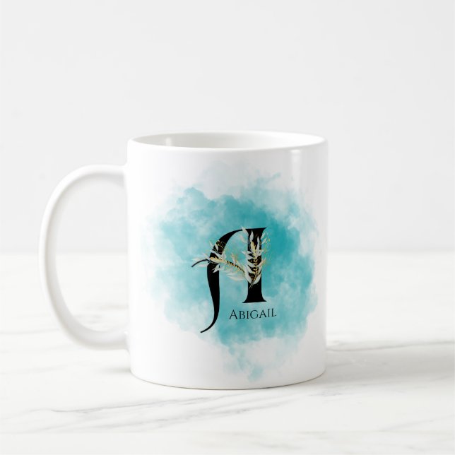 Elegant Monogram Brev A Teal Guld Flower Kaffemugg (Vänster)