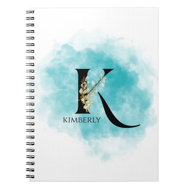 Elegant Monogram Brev K Teal Guld Flower Anteckningsbok (Framsidan)
