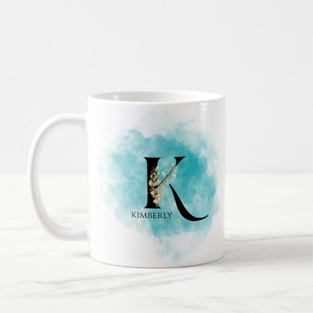 Elegant Monogram Brev K Teal Guld Flower Kaffemugg (Vänster)