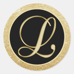 Elegant Monogram Brev L Black Guld Glitter Sälar Runt Klistermärke