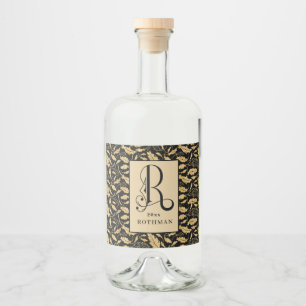 Elegant Monogram Brev R, Black & Guld Löv Spritflaskor Etikett