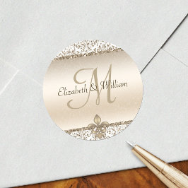 Elegant Monogram Bröllop Champagne Fleur de Lis Runt Klistermärke