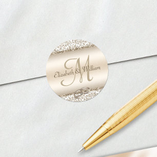 Elegant Monogram Bröllop Champagne Metallic Runt Klistermärke
