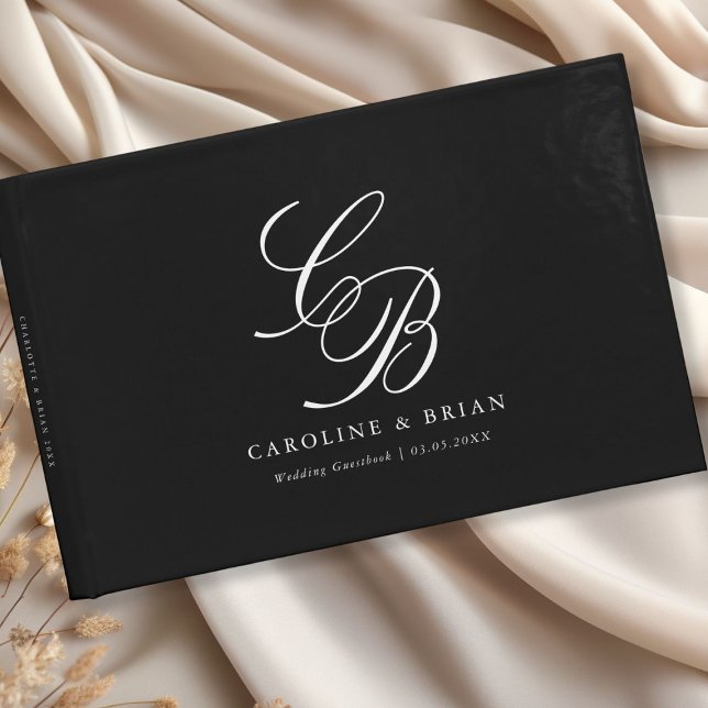 Elegant, Monogram, Bröllop Gästböcker (Elegant, Monogram, Black, Wedding Guest Book with your name and date.)