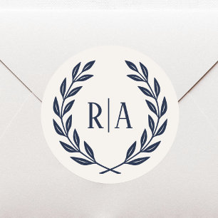 Elegant Monogram Bröllop marinblått Runt Klistermärke