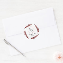 Elegant Monogram Bröllop Maroon Round Stickers Runt Klistermärke