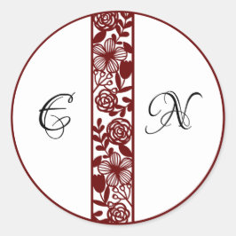 Elegant Monogram Bröllop Maroon Round Stickers Runt Klistermärke