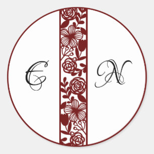 Elegant Monogram Bröllop Maroon Round Stickers Runt Klistermärke