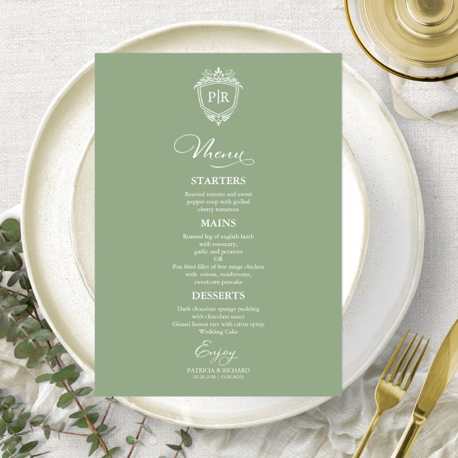 Elegant Monogram Bröllop Menu Cards Sage Grönt Meny (Skapare uppladdad)